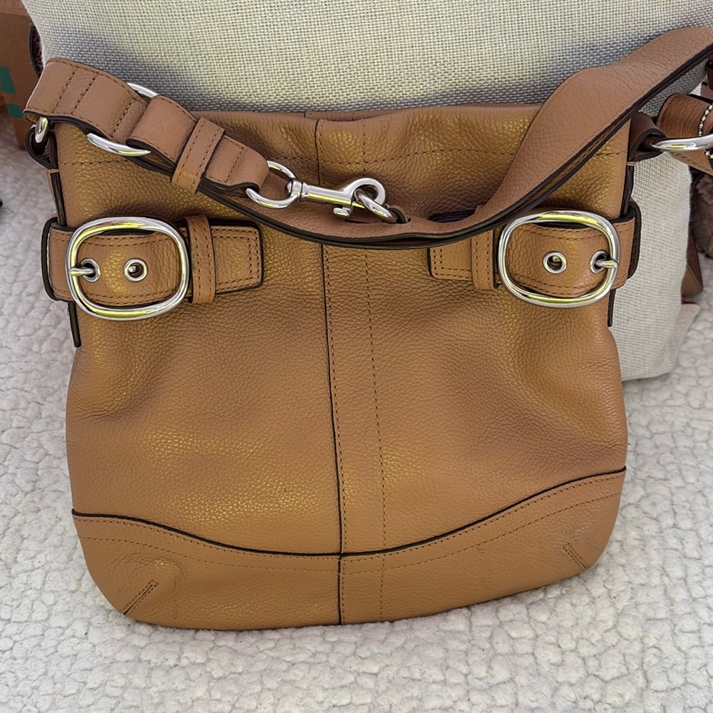 Coach camel bucket bag with zipper with matching large and small wallet